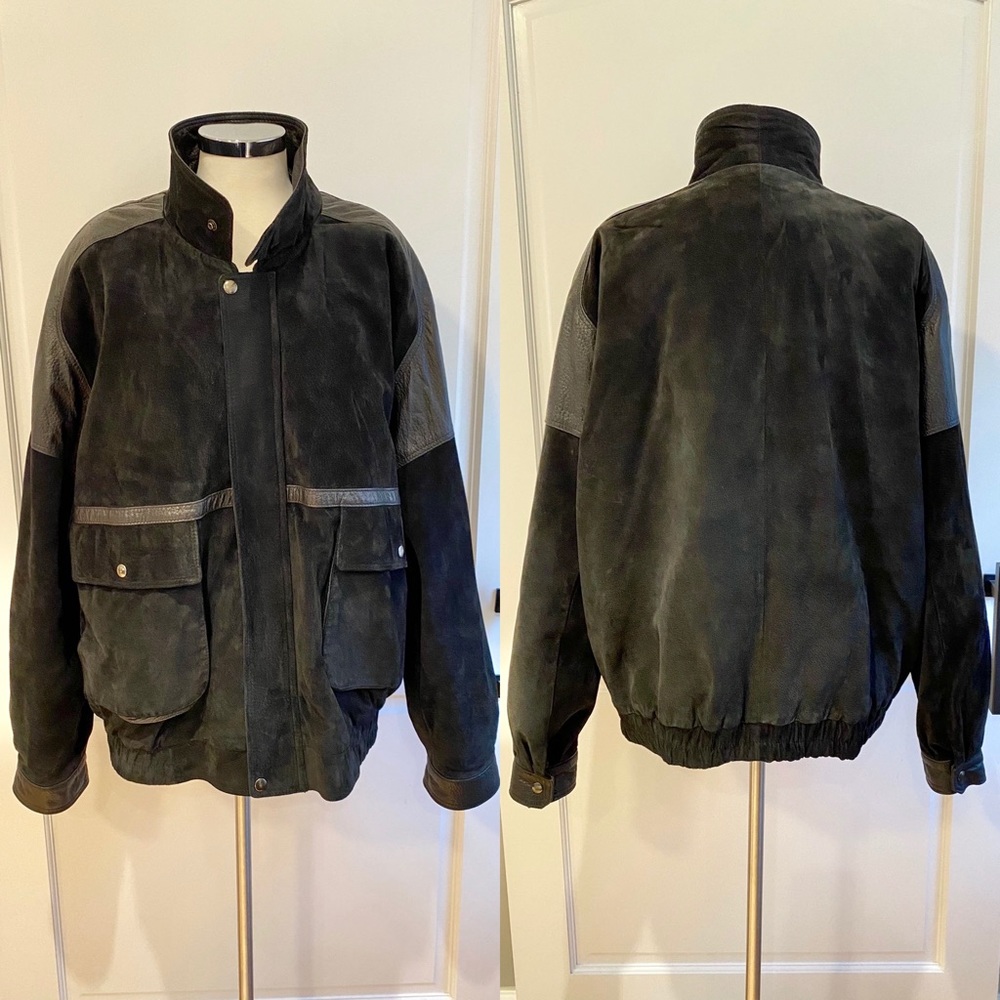 Jeno de Paris Men’s Black Leather Suede Bomber Jacket Size 48